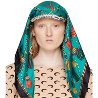 마린 세르 Marine Serre Green & Navy Regenerated Silk Scarves Veiled Cap 241020F016011