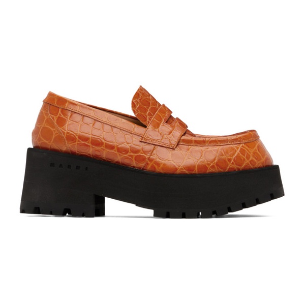 마르니 마르니 Marni Orange Croc-Embossed Platform Loafers 222379F121015