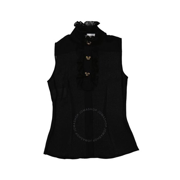  모스키노 Moschino Ladies Black Ruffle-Trim Silk Sleeveless Shirt 0217-0537-0555