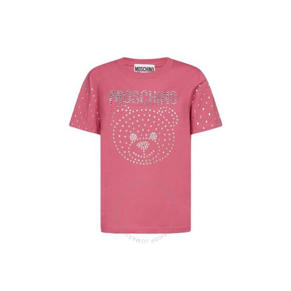  모스키노 Moschino Ladies Fantasy Print Fucsia Teddy Crystal Logo Cotton T-shirt 0707-0541-1206