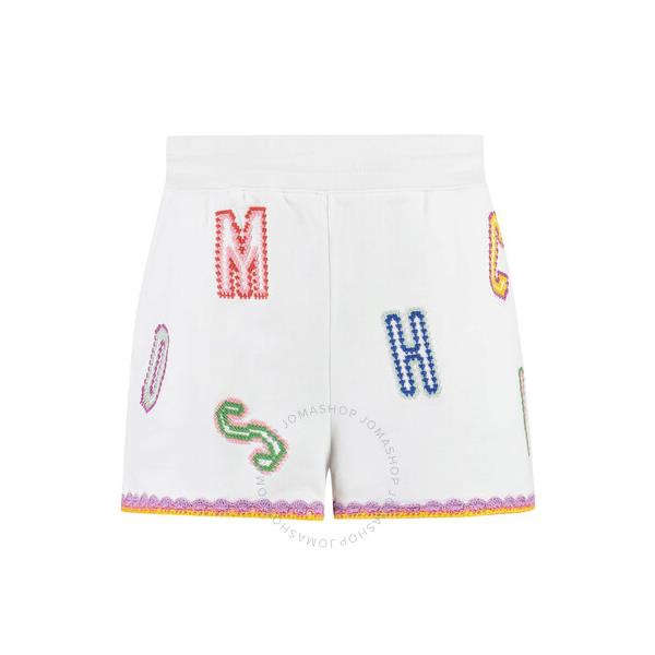  모스키노 Moschino Ladies Fantasy Print White Logo-Embroidered Lace-Trim Shorts 0317-0528-1001