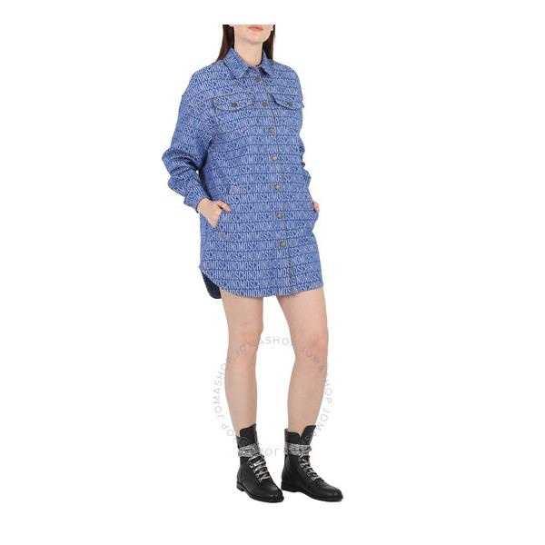  모스키노 Moschino Fantasy Print Blue All-Over Logo Long-Sleeve Denim Shirt Dress 0401-2723-1299