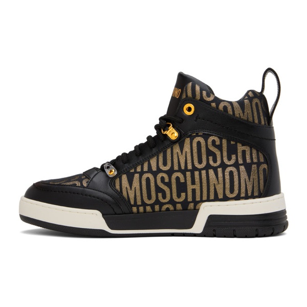  모스키노 Moschino Black & Gold Allover Logo Sneakers 241720M236005