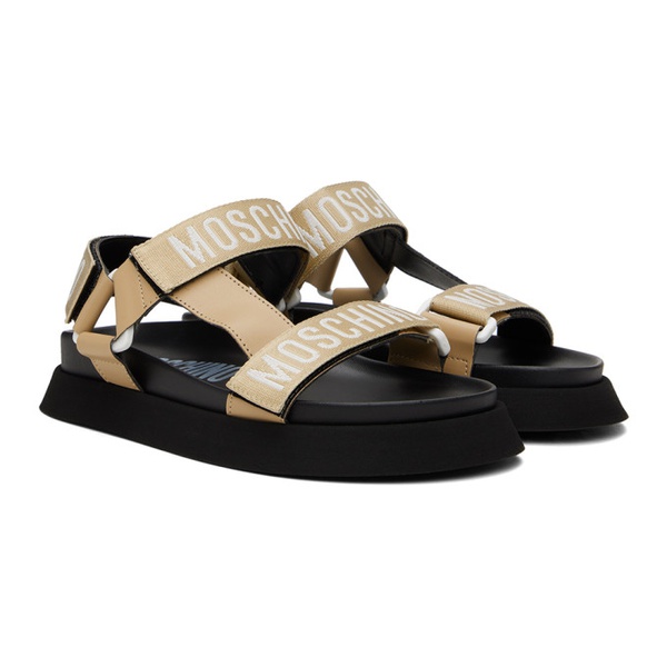  모스키노 Moschino Beige & Black Logo Tape Platform Sandals 241720F124005
