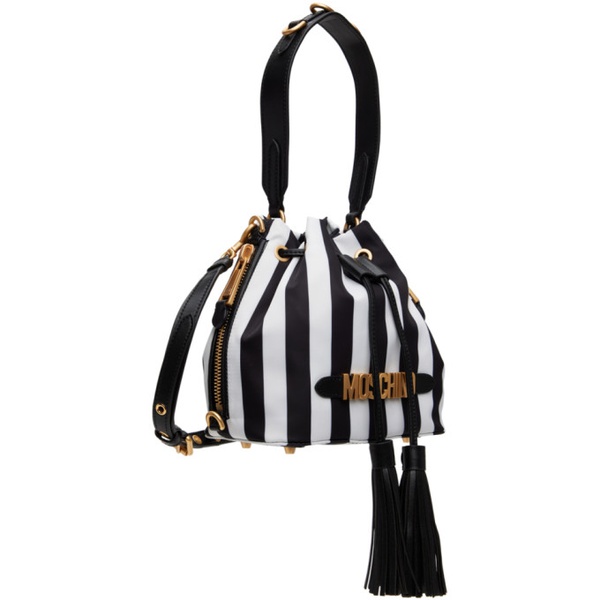  모스키노 Moschino Black & White Striped Logo Shoulder Bag 241720F048006