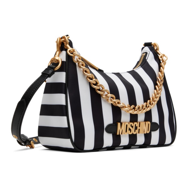  모스키노 Moschino Black & White Striped Logo Shoulder Bag 241720F048005