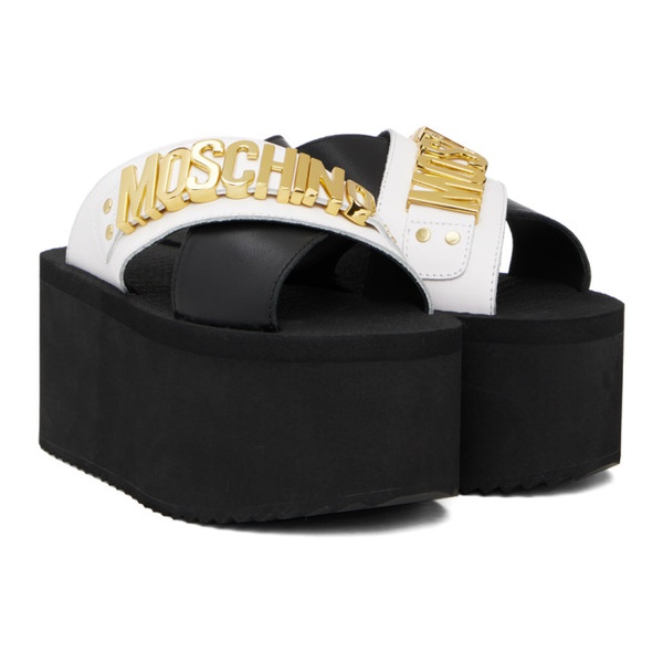  모스키노 Moschino Black & White Lettering Logo Wedge Sandals 241720F124019