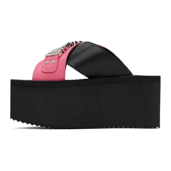 모스키노 Moschino Black & Pink Logo Lettering Wedge Sandals 241720F124020