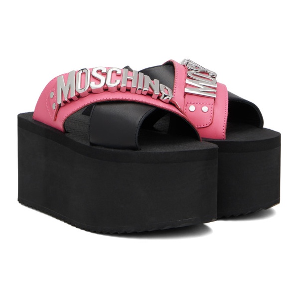  모스키노 Moschino Black & Pink Logo Lettering Wedge Sandals 241720F124020