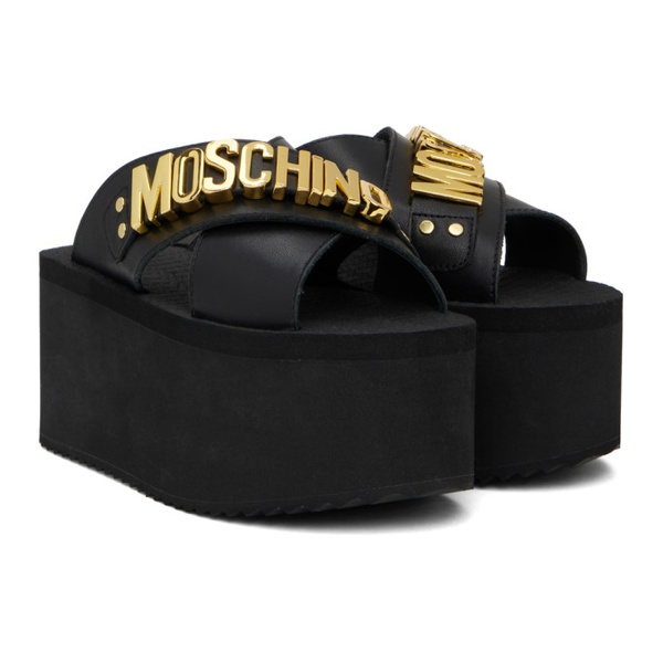  모스키노 Moschino Black Lettering Logo Wedge Sandals 241720F124018