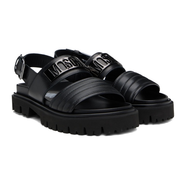  모스키노 Moschino Black Maxi Logo Plate Calfskin Sandals 241720M234009