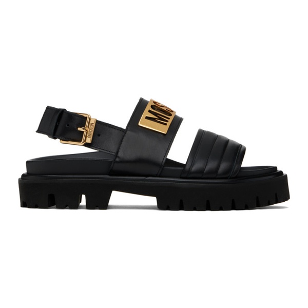  모스키노 Moschino Black Maxi Logo Plate Calfskin Sandals 241720M234010