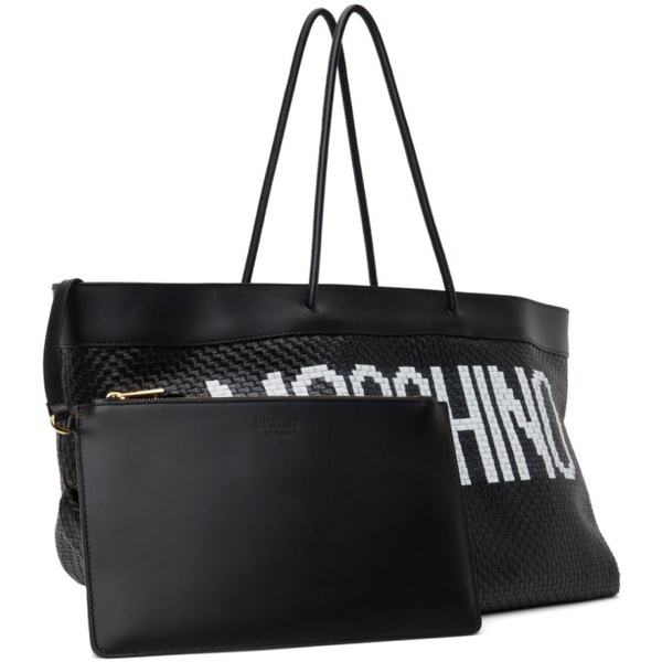  모스키노 Moschino Black Calfskin Braided Tote 241720F049003