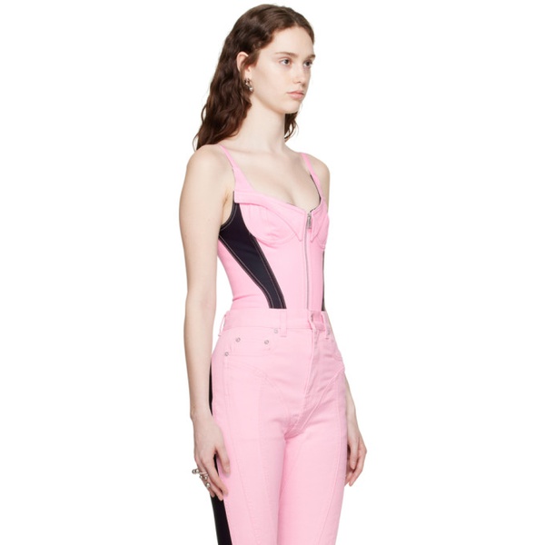  뮈글러 Mugler Pink & Black Paneled Denim Bodysuit 231345F358044