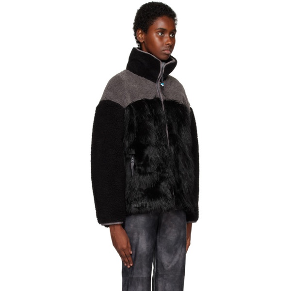  OPEN YY Black & Gray Paneled Zip-Up Faux-Fur Sweater 222731F097011