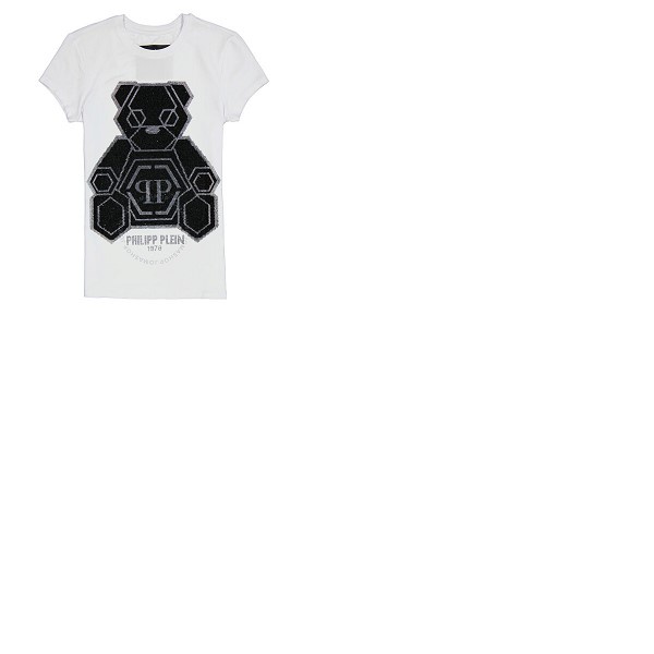 Philipp Plein Ladies White Sketched Teddy Bear Cotton Jersey T-shirt S20C WTK1941 PTE003N 1