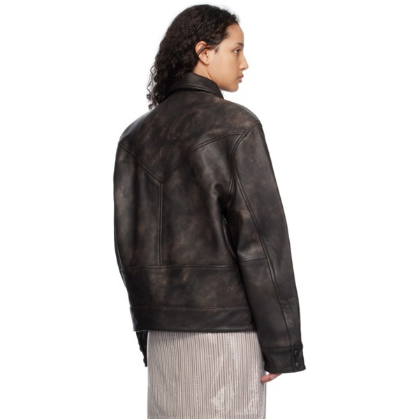  리메인 비르게르 크리스텐센 REMAIN Birger Christensen Brown V-Shaped Leather Jacket 241985F064006