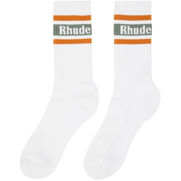  루드 Rhude White & Green Stripe Logo Socks 241923M220011