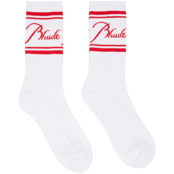  루드 Rhude White & Red Script Socks 241923M220005