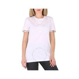 Roberto Cavalli Ladies Optical White Floral Embroidered Cotton T-shirt IWR651-JD060-00053