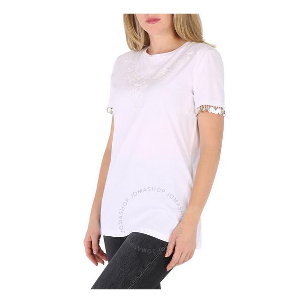 Roberto Cavalli Ladies Optical White Floral Embroidered Cotton T-shirt IWR651-JD060-00053
