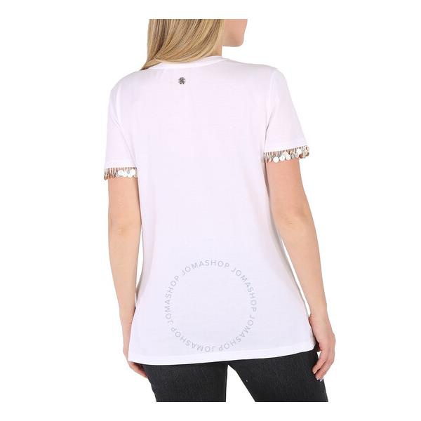  Roberto Cavalli Ladies Optical White Floral Embroidered Cotton T-shirt IWR651-JD060-00053