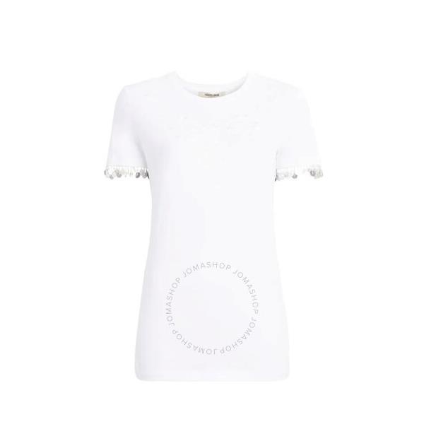  Roberto Cavalli Ladies Optical White Floral Embroidered Cotton T-shirt IWR651-JD060-00053
