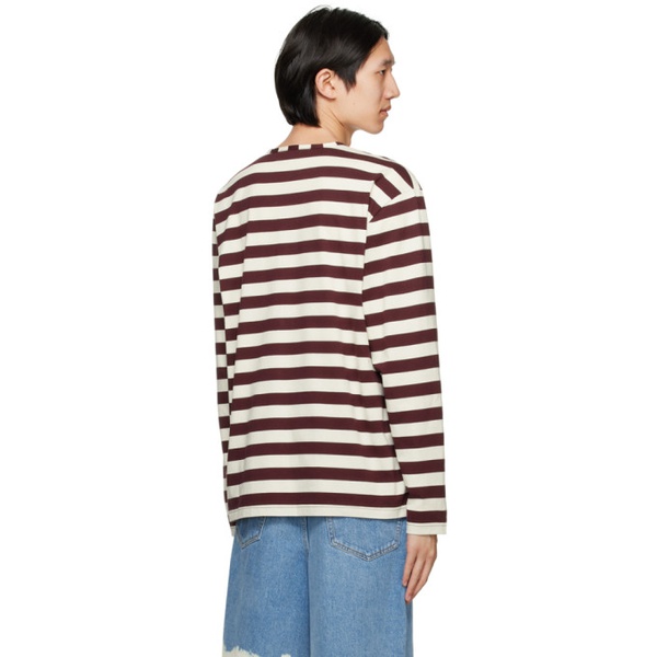  써네이 SUNNEI White & Burgundy Striped Long Sleeve T-Shirt 232736M213006