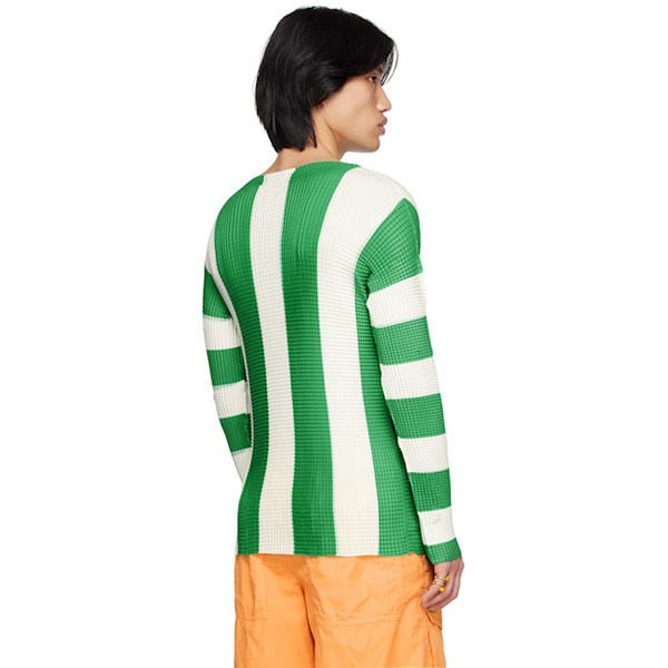  써네이 SUNNEI Green & White Pleated Stripe T-Shirt 231736M213014