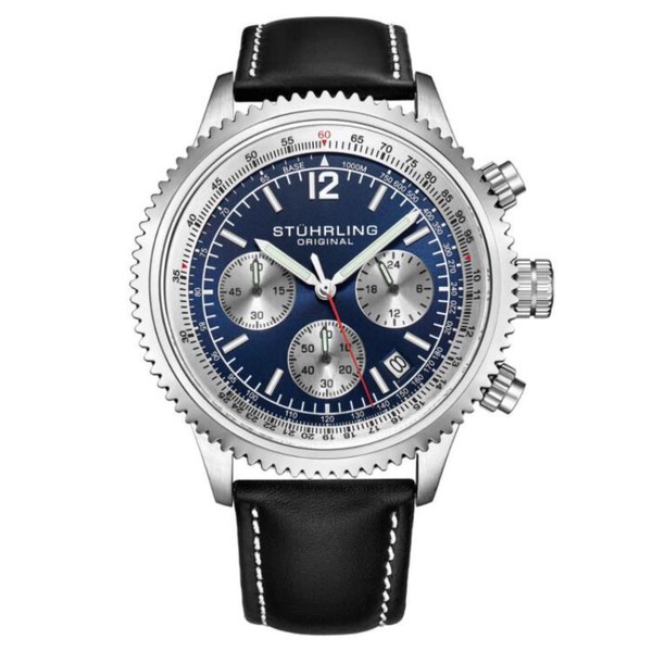 Stuhrling Original MEN'S Monaco Chronograph Leather Blue Dial Watch M16974