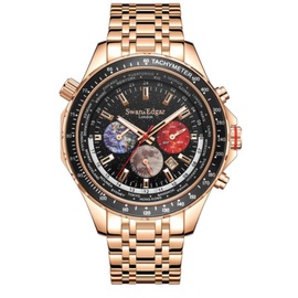 Swan & Edgar MEN'S World Timer Chronograph Stainless Steel Black Dial Watch SE0060S