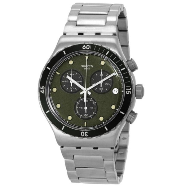  Swatch MEN'S Back In Khaki Chronograph Stainless Steel Green Dial Watch YVS488G