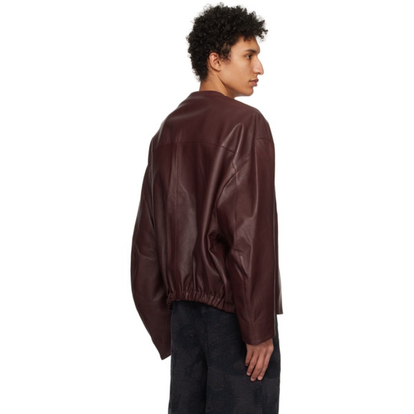  T/SEHNE SSENSE Exclusive Burgundy Lock-Detail Leather Jacket 241612M181001