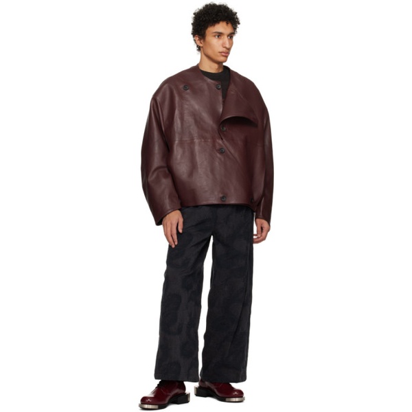  T/SEHNE SSENSE Exclusive Burgundy Lock-Detail Leather Jacket 241612M181001