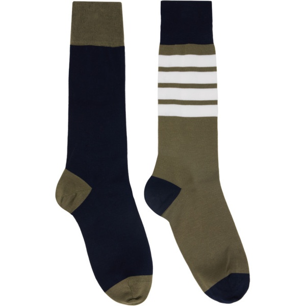 톰브라운 톰브라운 Thom Browne Khaki & Navy Funmix Cotton 4-Bar Socks 242381F076005