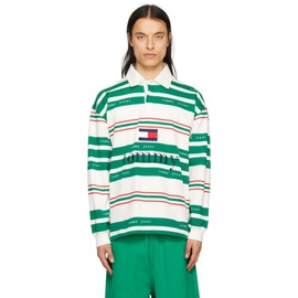 Tommy Jeans Green & White Striped Rugby Long Sleeve Polo 231844M212002