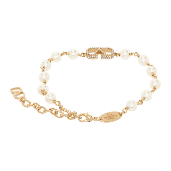  발렌티노 Valentino Garavani Gold & 오프화이트 Off-White VLogo Signature Pearl Bracelet 241807F020000