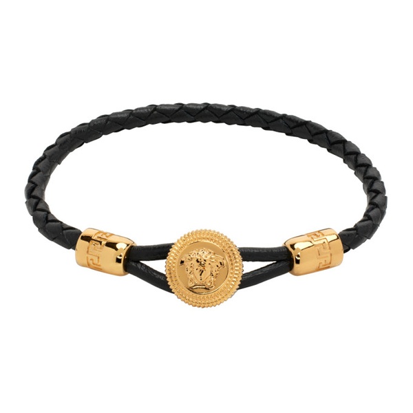 베르사체 베르사체 Versace Black & Gold Medusa Biggie Braided Leather Bracelet 241404M142037
