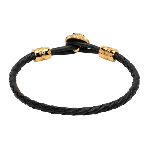 베르사체 베르사체 Versace Black & Gold Medusa Biggie Braided Leather Bracelet 241404M142037