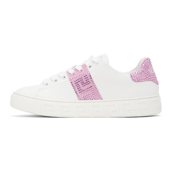 베르사체 베르사체 Versace White & Pink Crystal Greca Sneakers 241404F128001