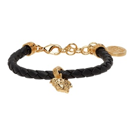 베르사체 Versace Black & Gold Leather Braided Charm Bracelet 221404M142013