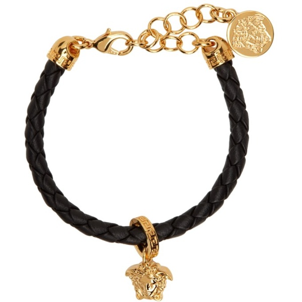 베르사체 베르사체 Versace Black & Gold Leather Braided Charm Bracelet 221404M142013