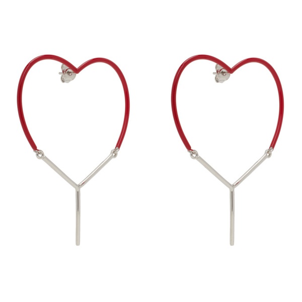  와이프로젝트 Y/Project Red & Silver Mini Y Heart Earrings 241893F022008
