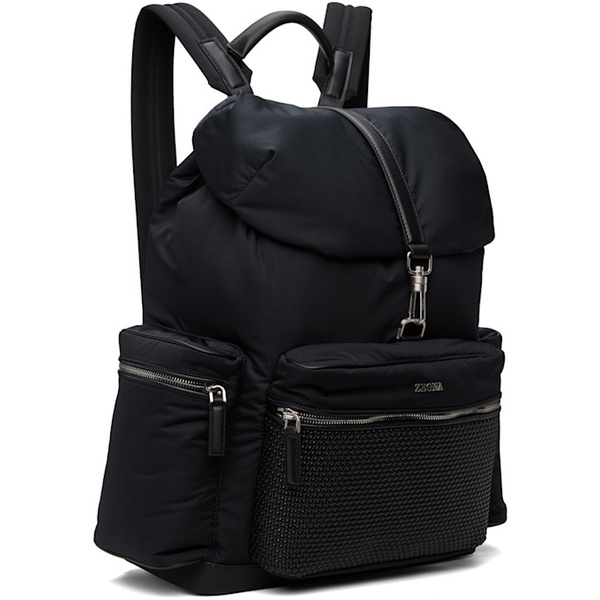  ZEGNA Black Technical Fabric & PELLETESSUTA Leather Backpack 241142M166002